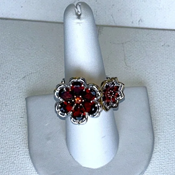 NWOT Gems en Vogue Sterling 18K Accent Genuine Gemstone 2 Flower Designer Ring